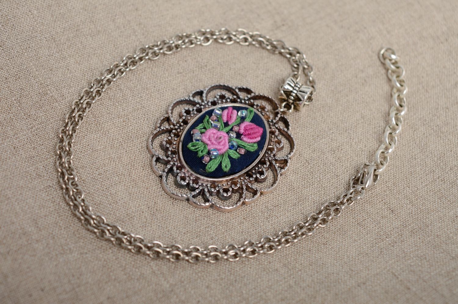 Gentle lacy embroidered pendant with chain photo 1