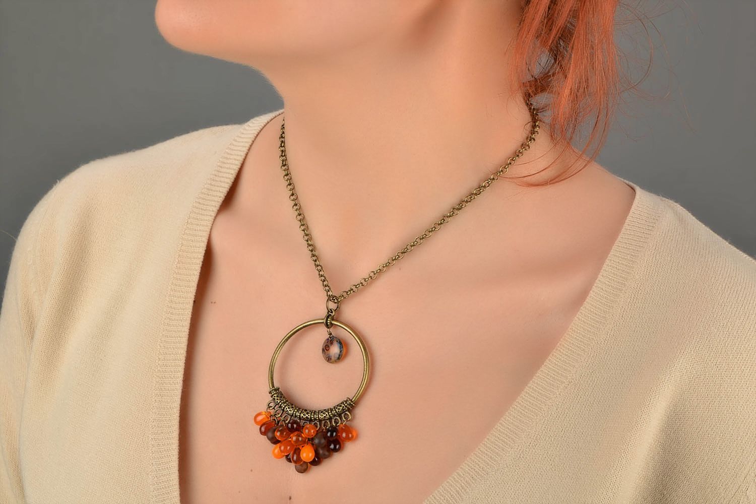 Handmade glass pendant with beads on a chain beautiful stylish designer jewelry photo 5