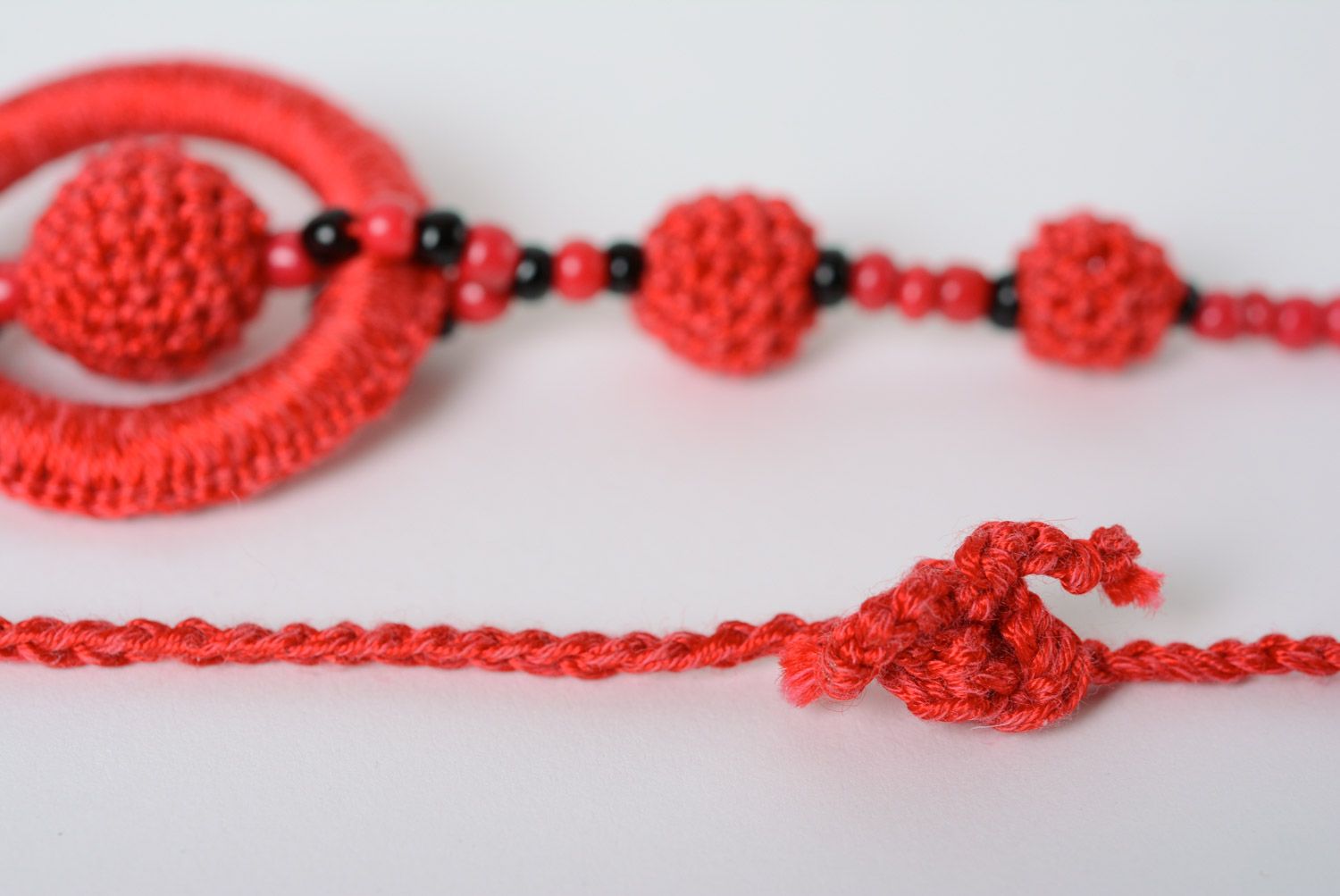 Festive handmade necklace crocheted of red cotton threads for women photo 5