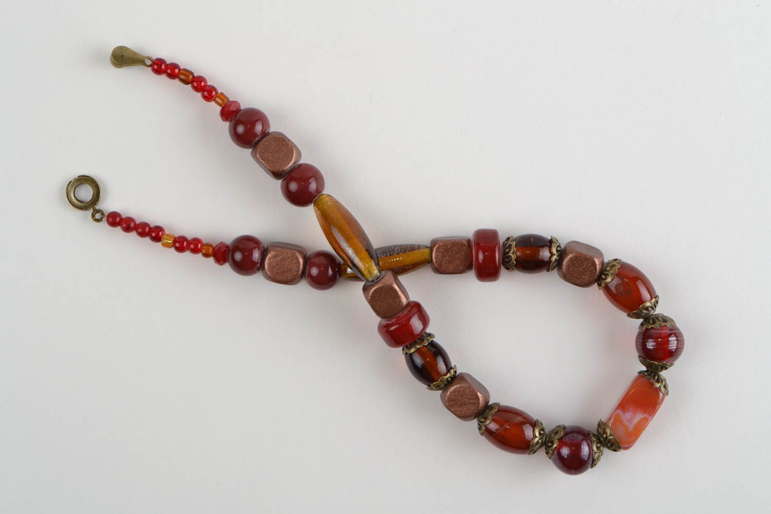 Handmade laconic short necklace with wooden glass and cornelian beads brown photo 3
