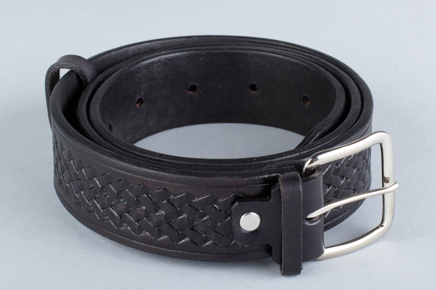 Handmade dark belt made of natural leather with metal buckle and ornament  photo 5