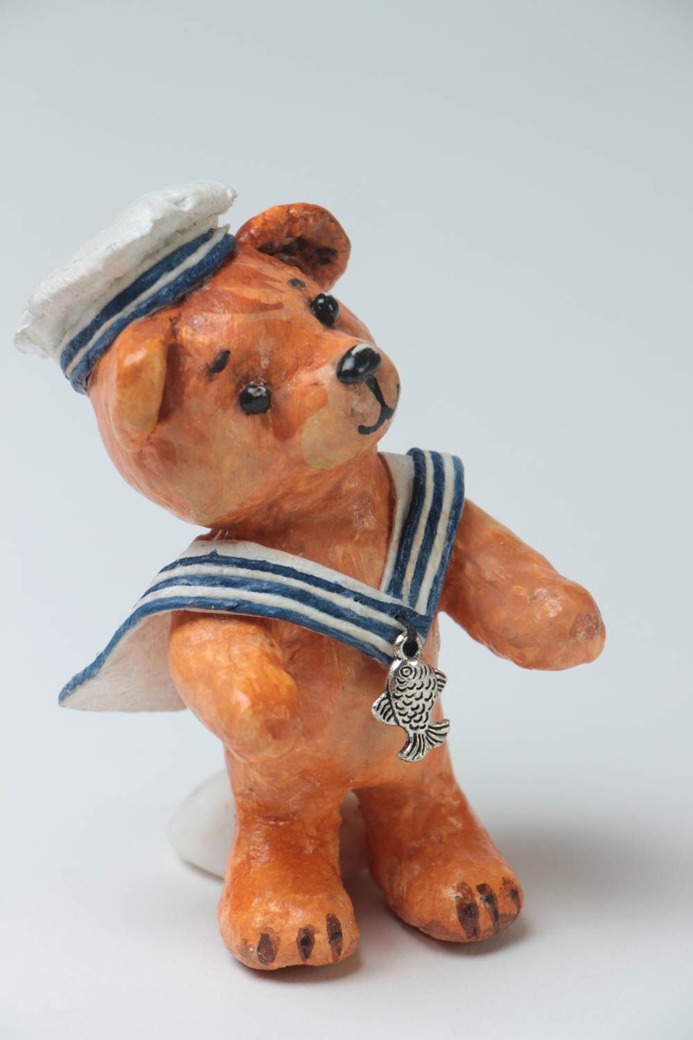 Handmade designer small paper mache figurine of bear in marine style for decor photo 2