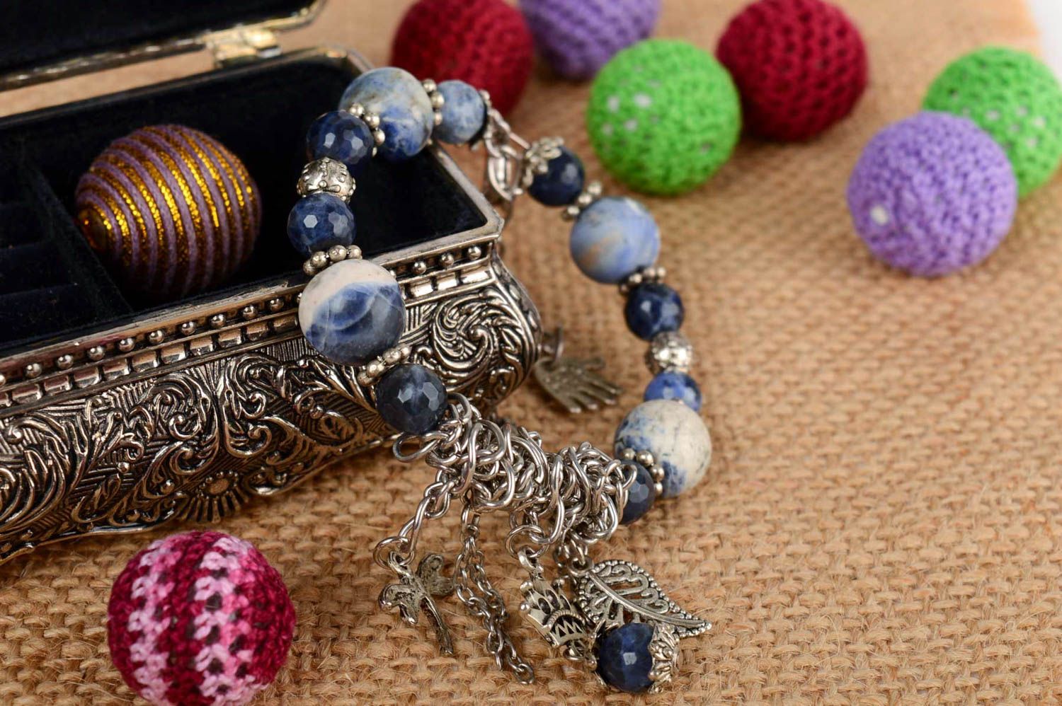Beautiful handmade blue gemstone bracelet with chain charms photo 1