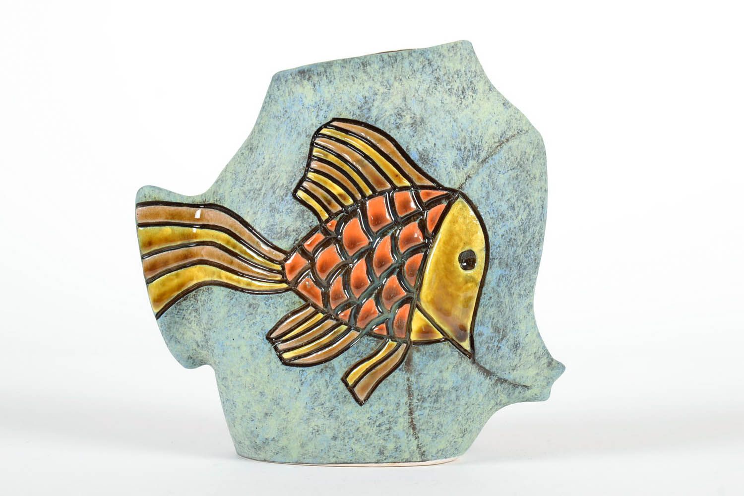 7 inches tall square ceramic vase with Gold fish painting great gift for fisherman 1,25 lb photo 1
