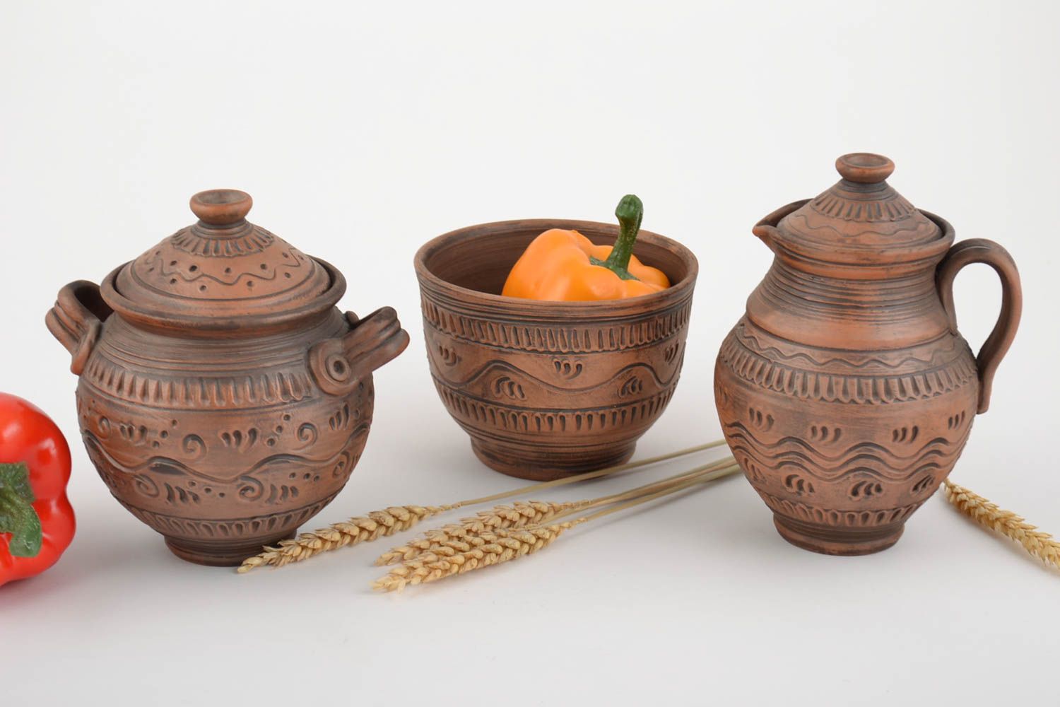 Handmade ceramic pottery set of 12 oz pot, 12 oz milk jug with handle and lid, ceramic bowl for 10 oz 2,5 lb photo 1
