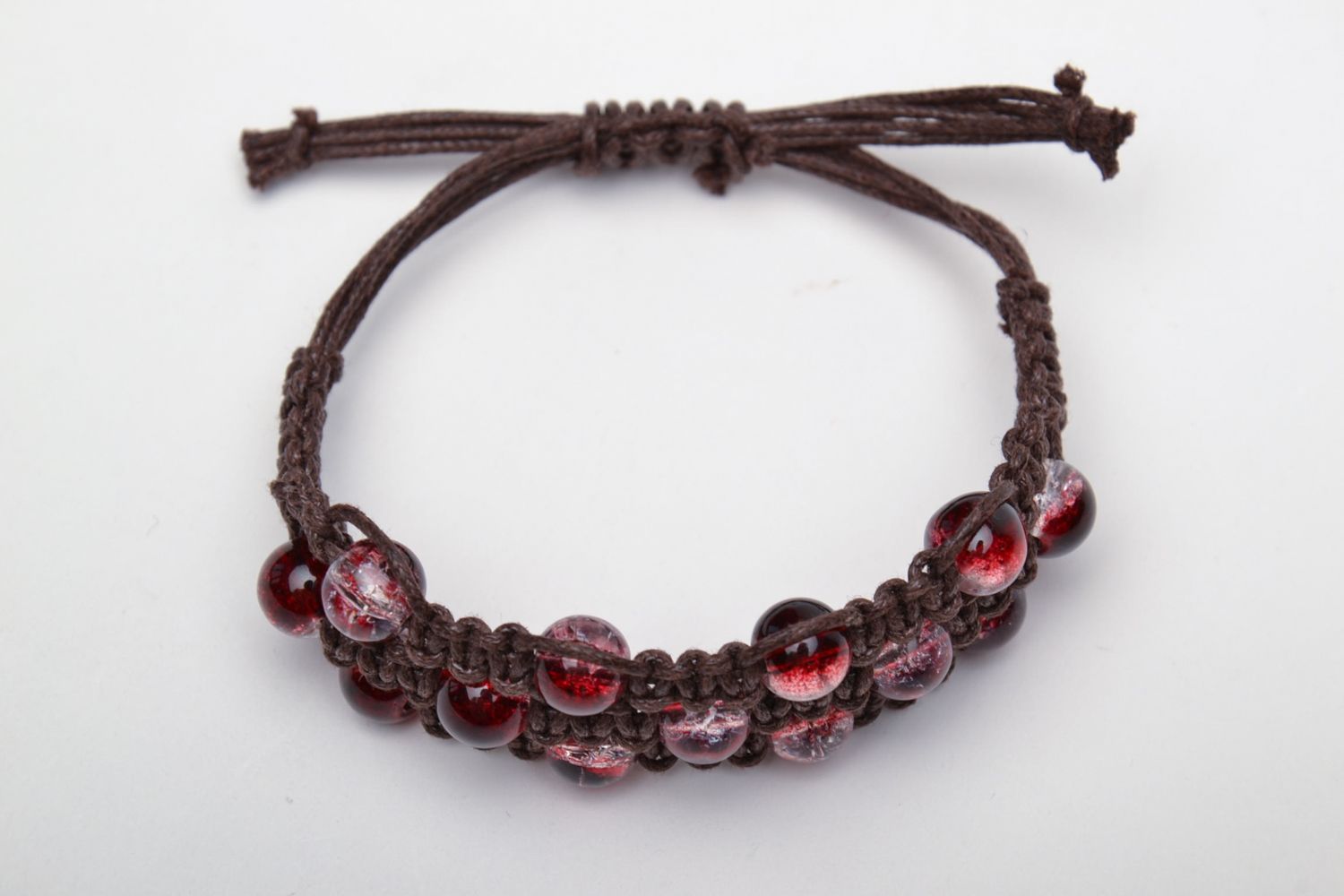 Bracelet en verre rouge et cordelette cirée tressée brune large pour femme   photo 2