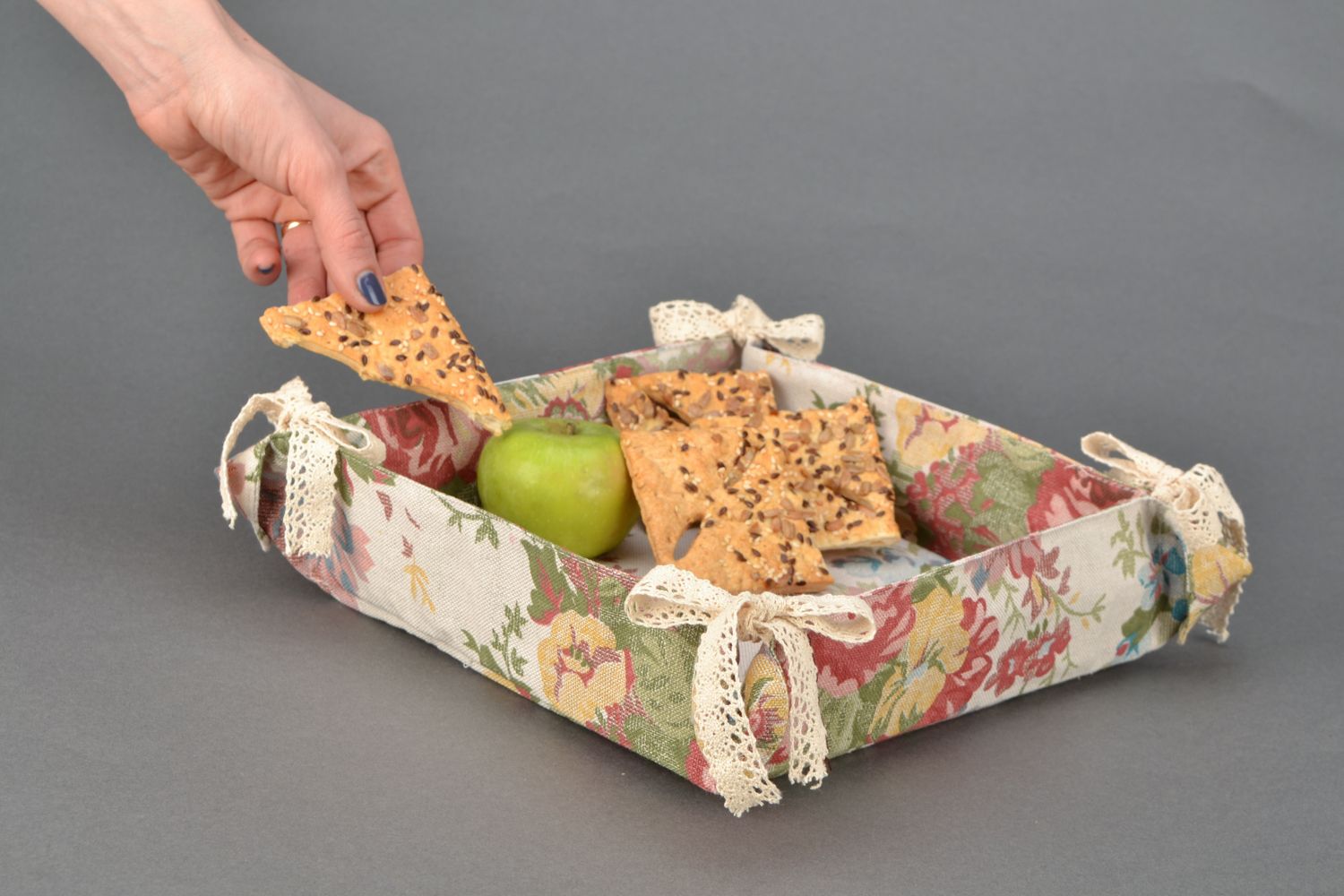 Handmade square fabric breadbox with lace Tapestry photo 2