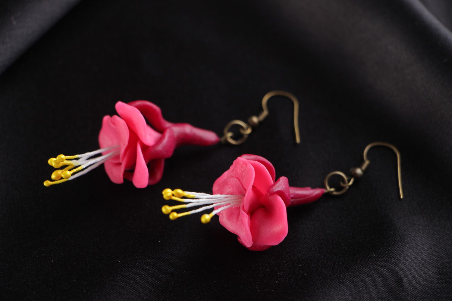 Bright pink handmade floral dangle earrings molded of polymer clay for women photo 1