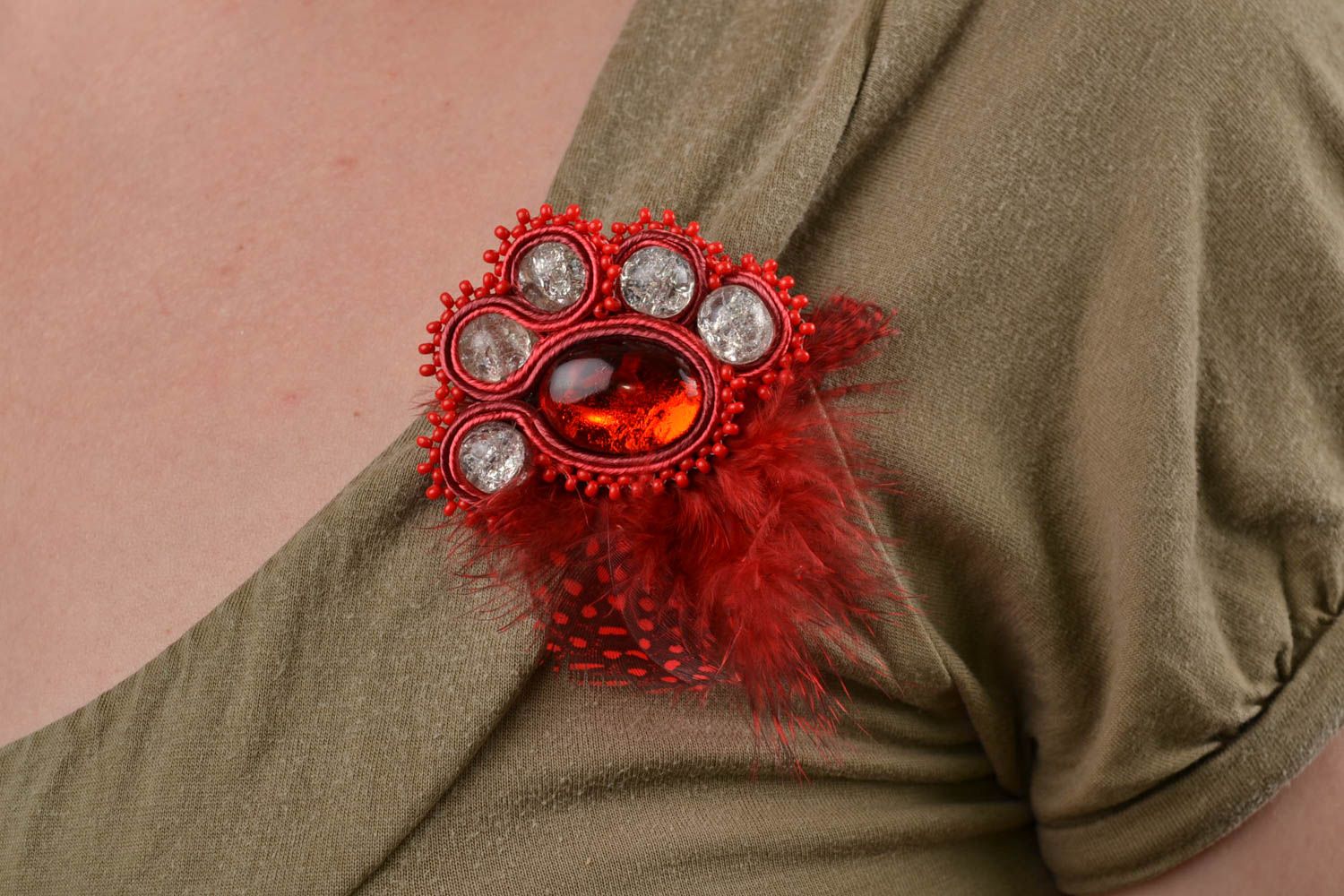 Red handmade soutache brooch with glass beads and leather basis photo 2