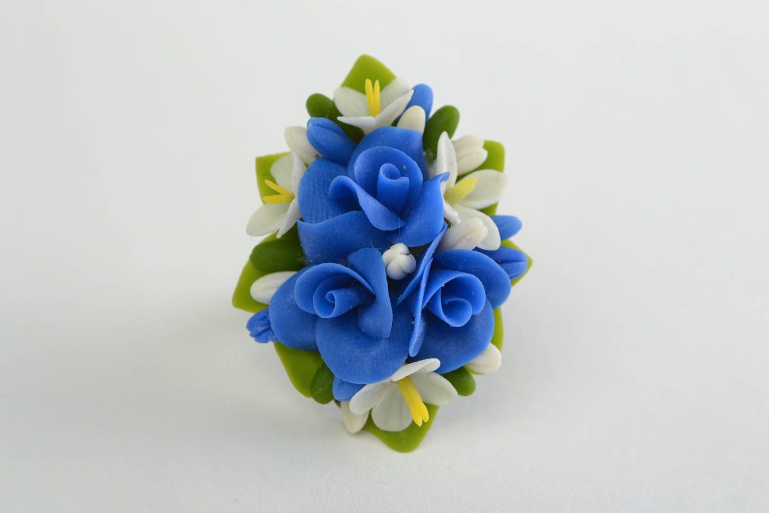 White and blue designer handmade cold porcelain flower ring of adjustable size photo 2