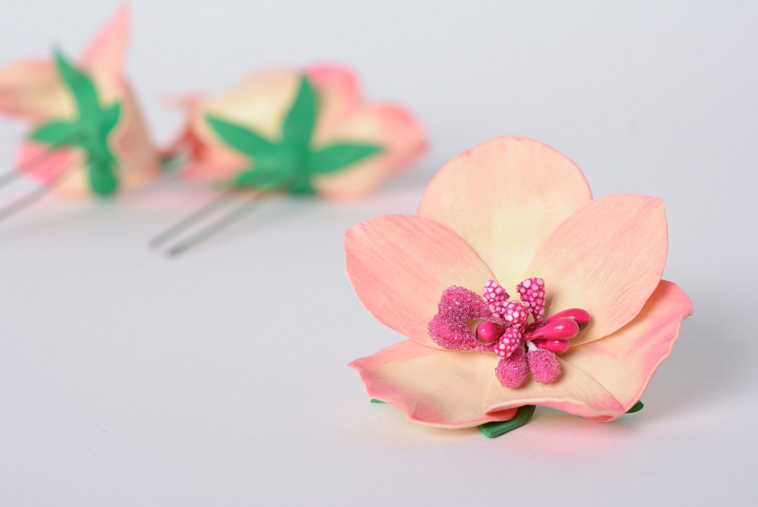 Handmade plastic hair pin made of suede and foamiran with orchid flower photo 1