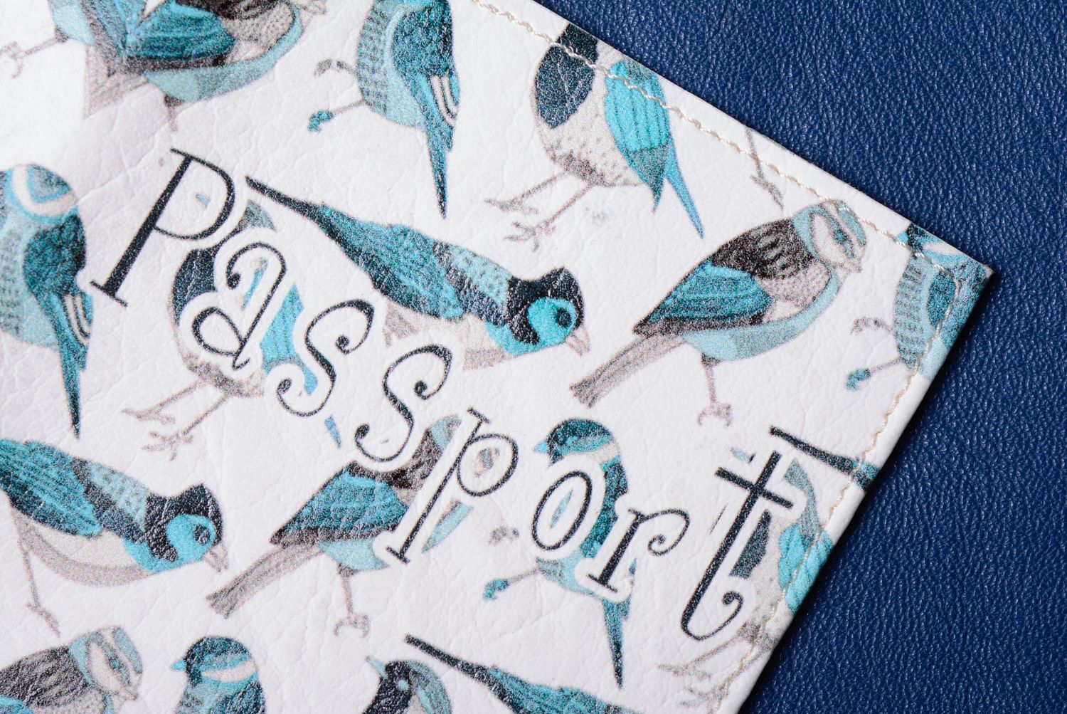 Handmade artificial leather passport cover with birds print photo 4