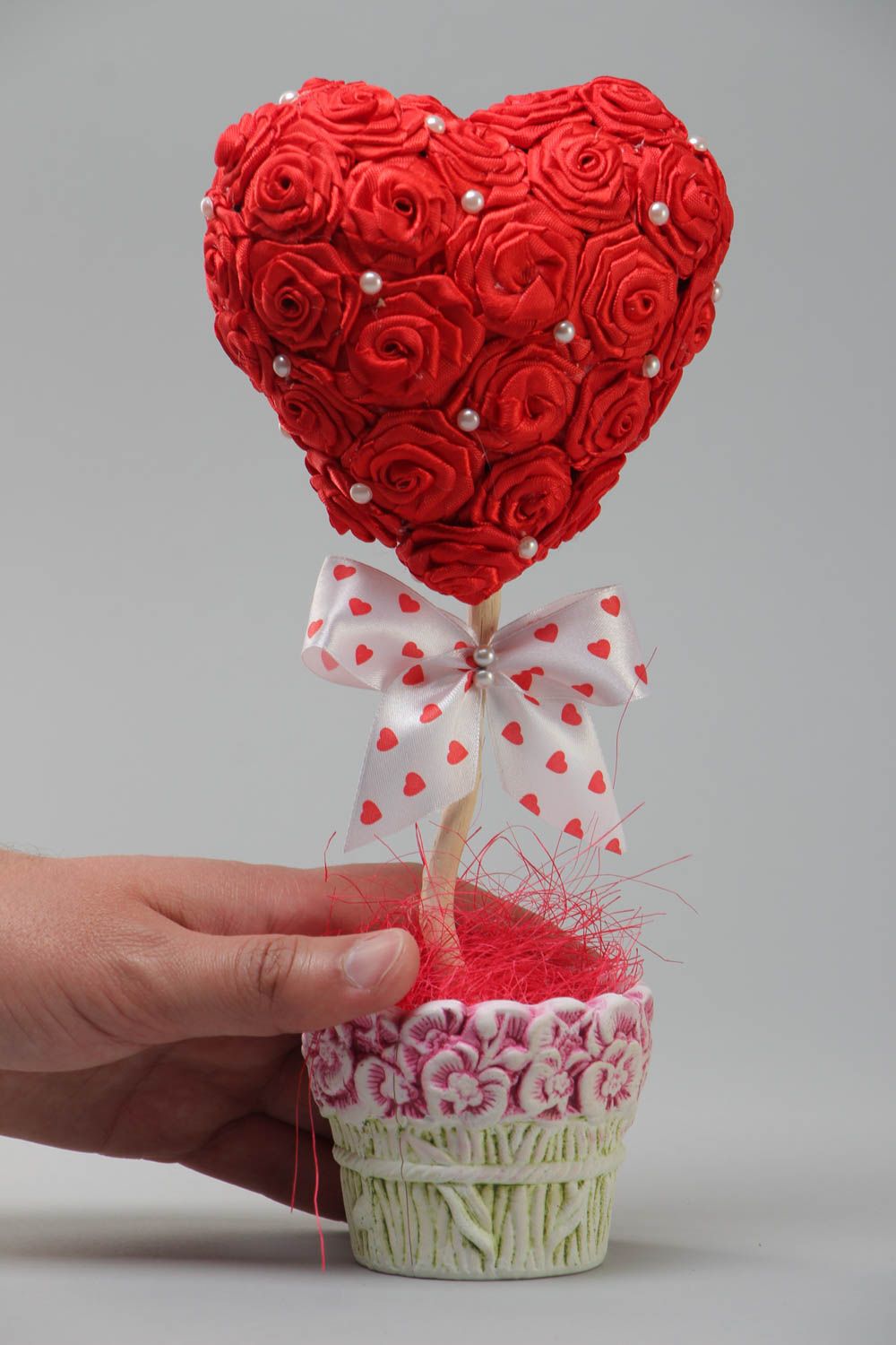 Handmade decorative red heart shaped satin ribbons topiary in ceramic pot photo 5