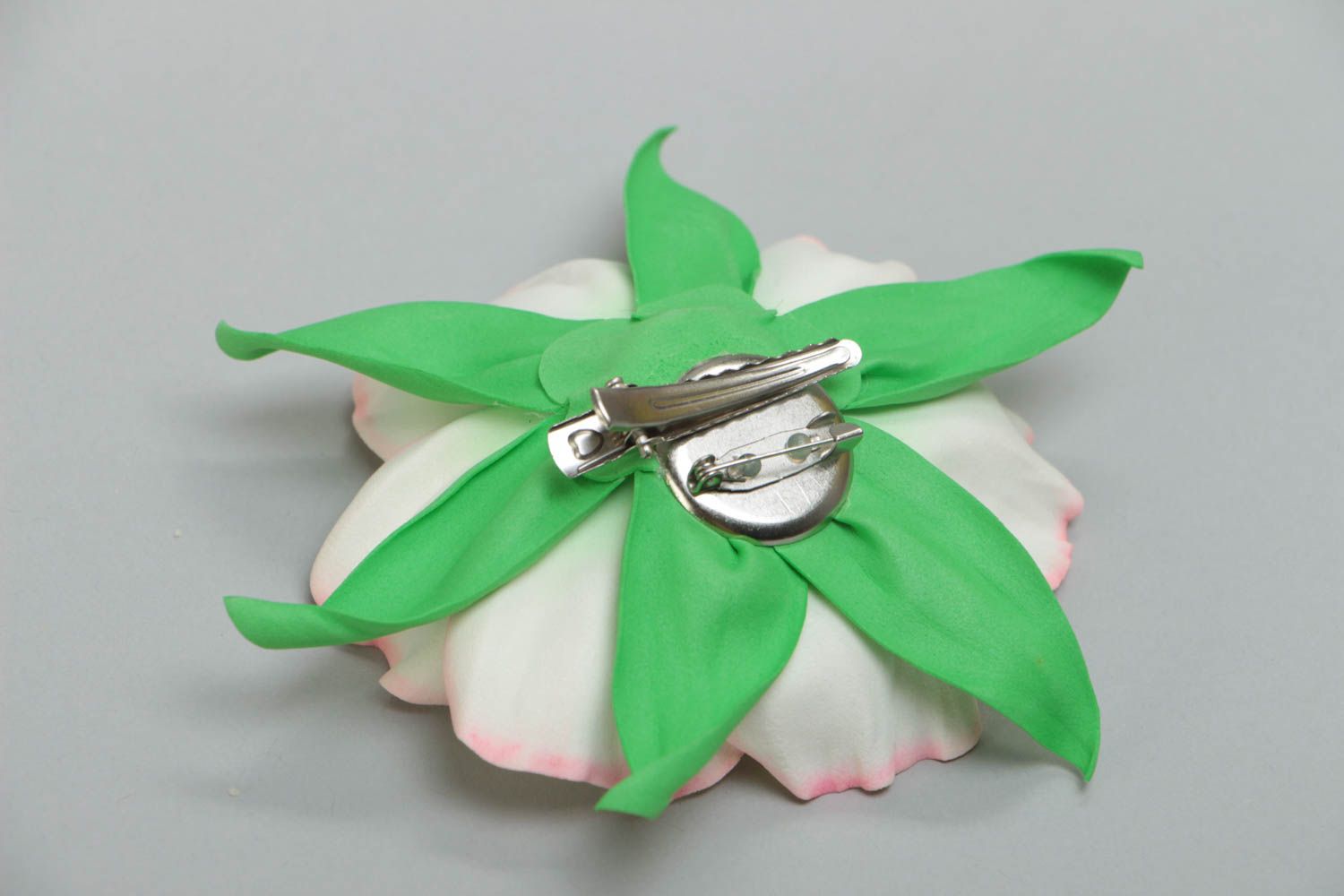 Handmade designer hair clip brooch with white volume foamiran flower photo 4