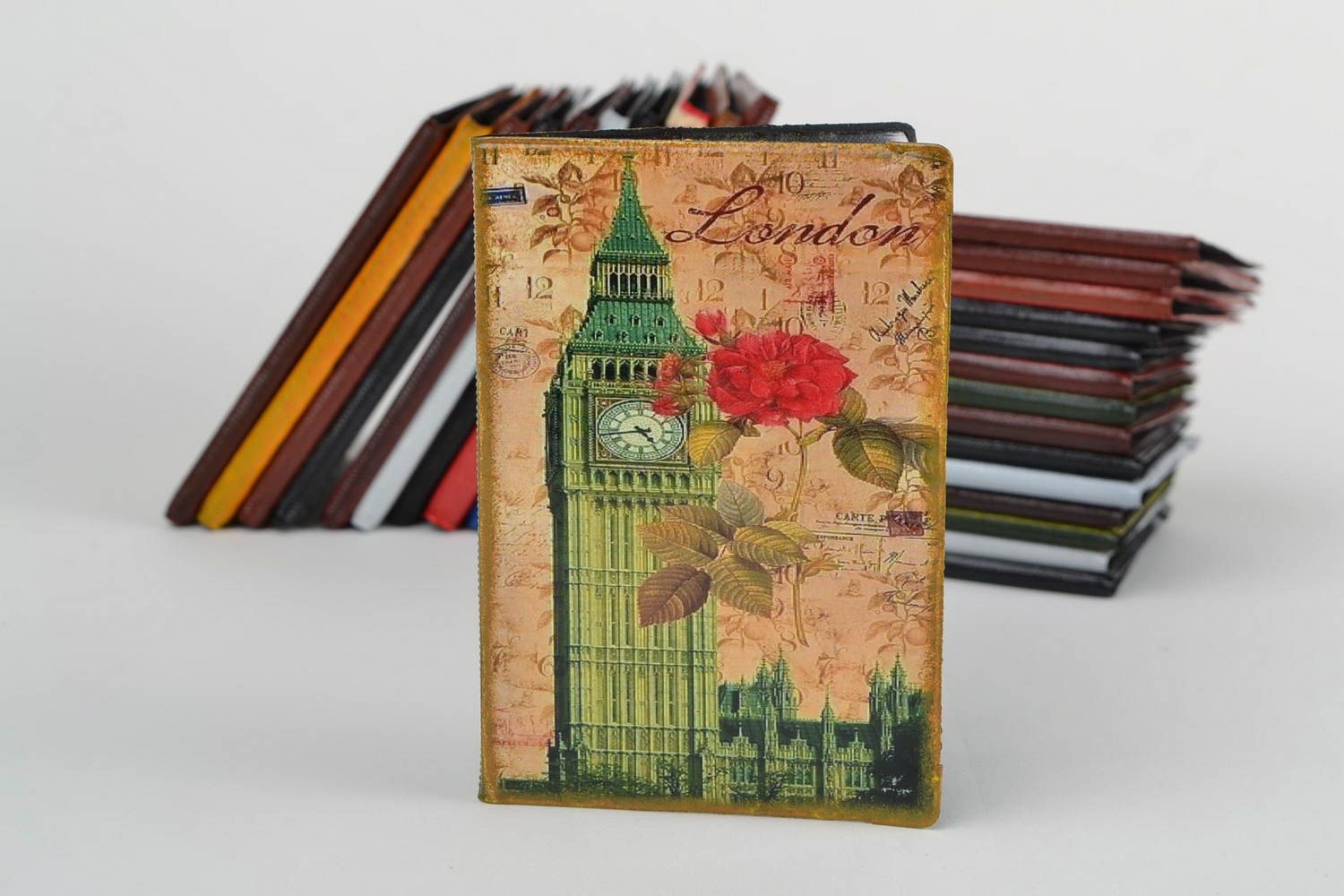 Handmade faux leather passport cover with decoupage image of Big Ben and rose photo 1