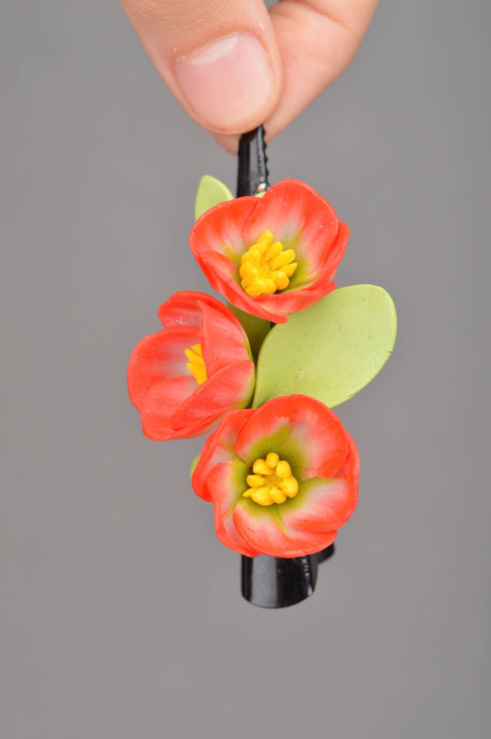 Red and yellow handmade designer polymer clay flower barrette photo 2