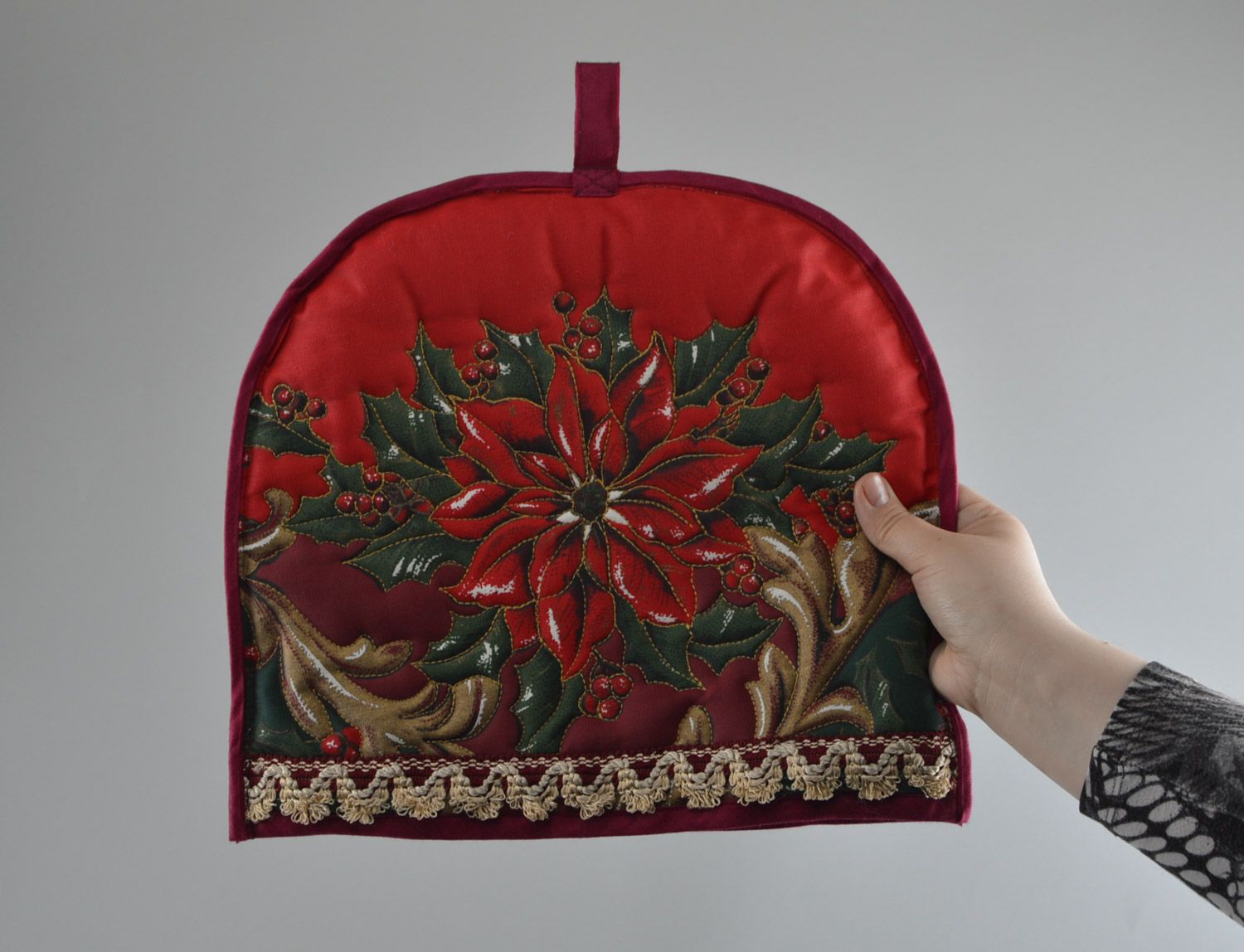 Beautiful handmade teapot cozy with Christmas motives sewn of cotton fabric  photo 2