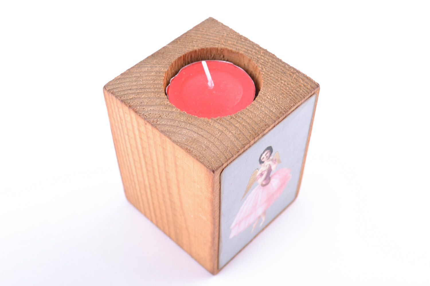 Light handmade wooden holder for one tablet candle with picture photo 5