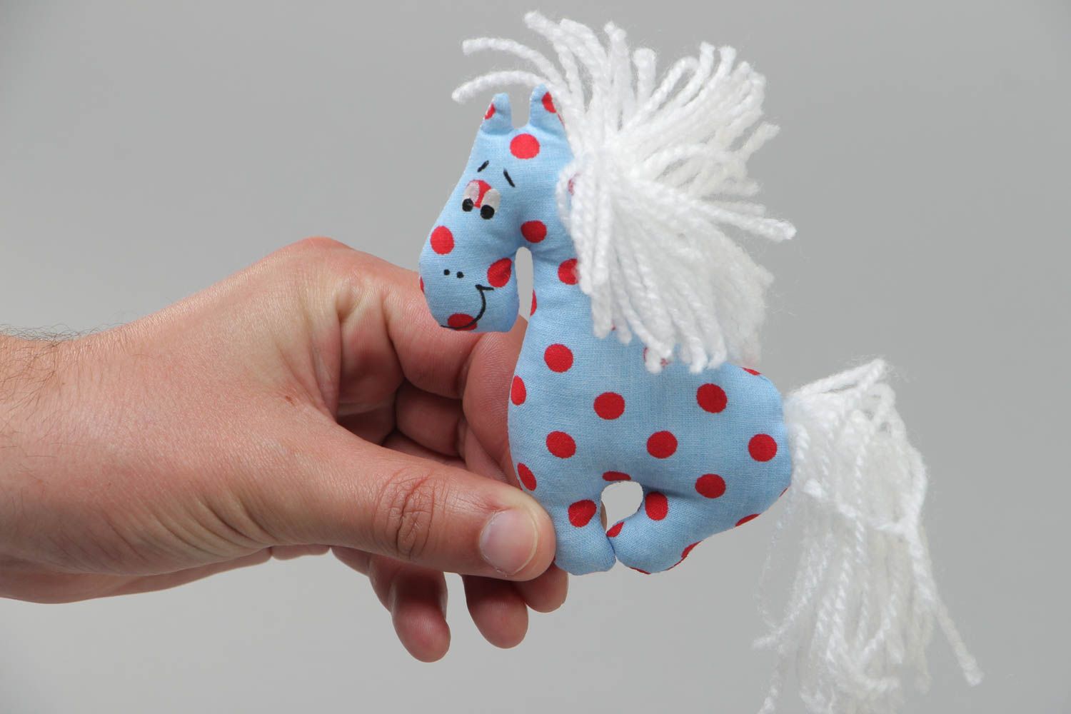 Handmade fridge magnet in the shape of soft toy horse sewn of blue dotted cotton  photo 5