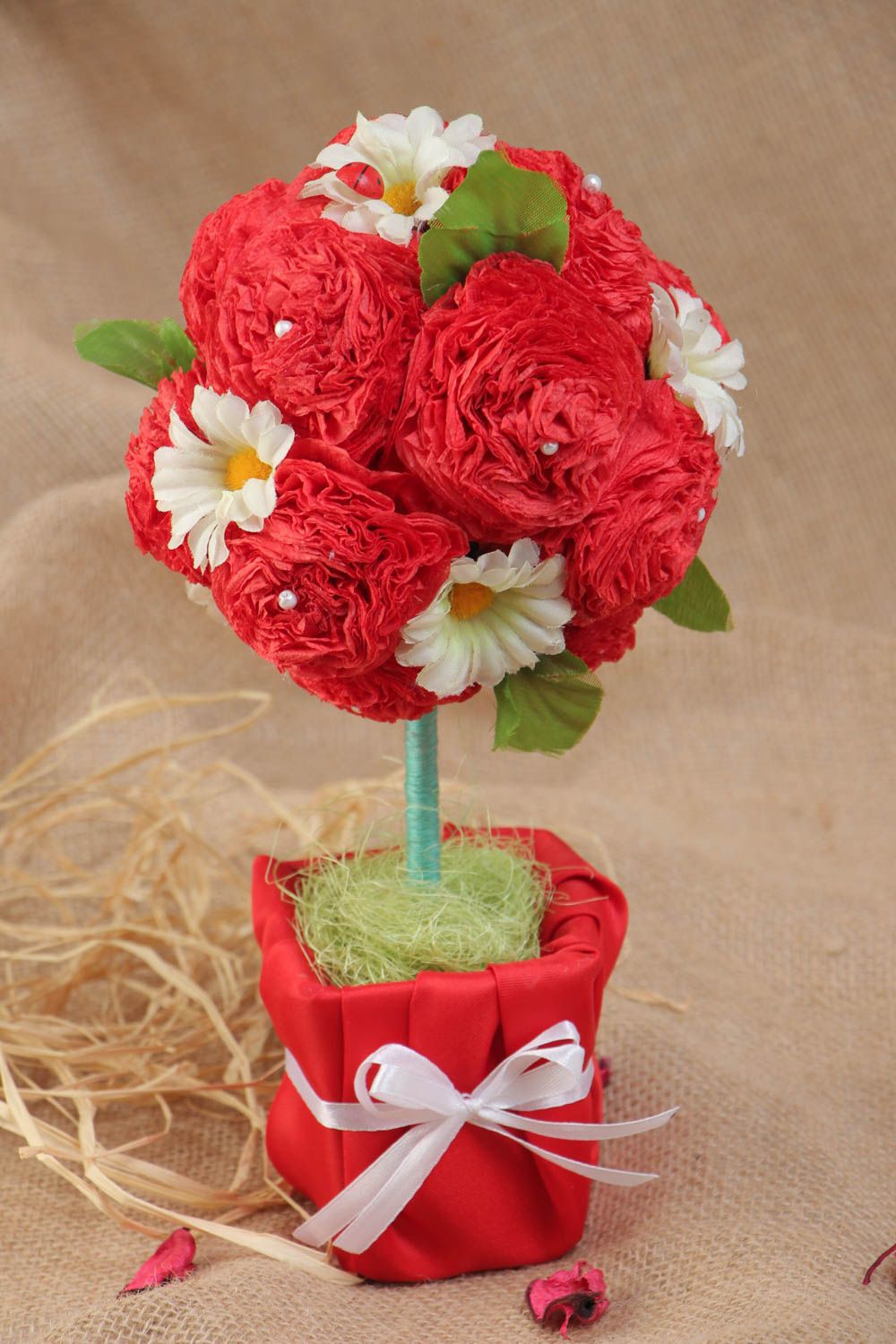 Arbre topiaire artificiel rouge avec fleurs décoratif original fait main photo 1