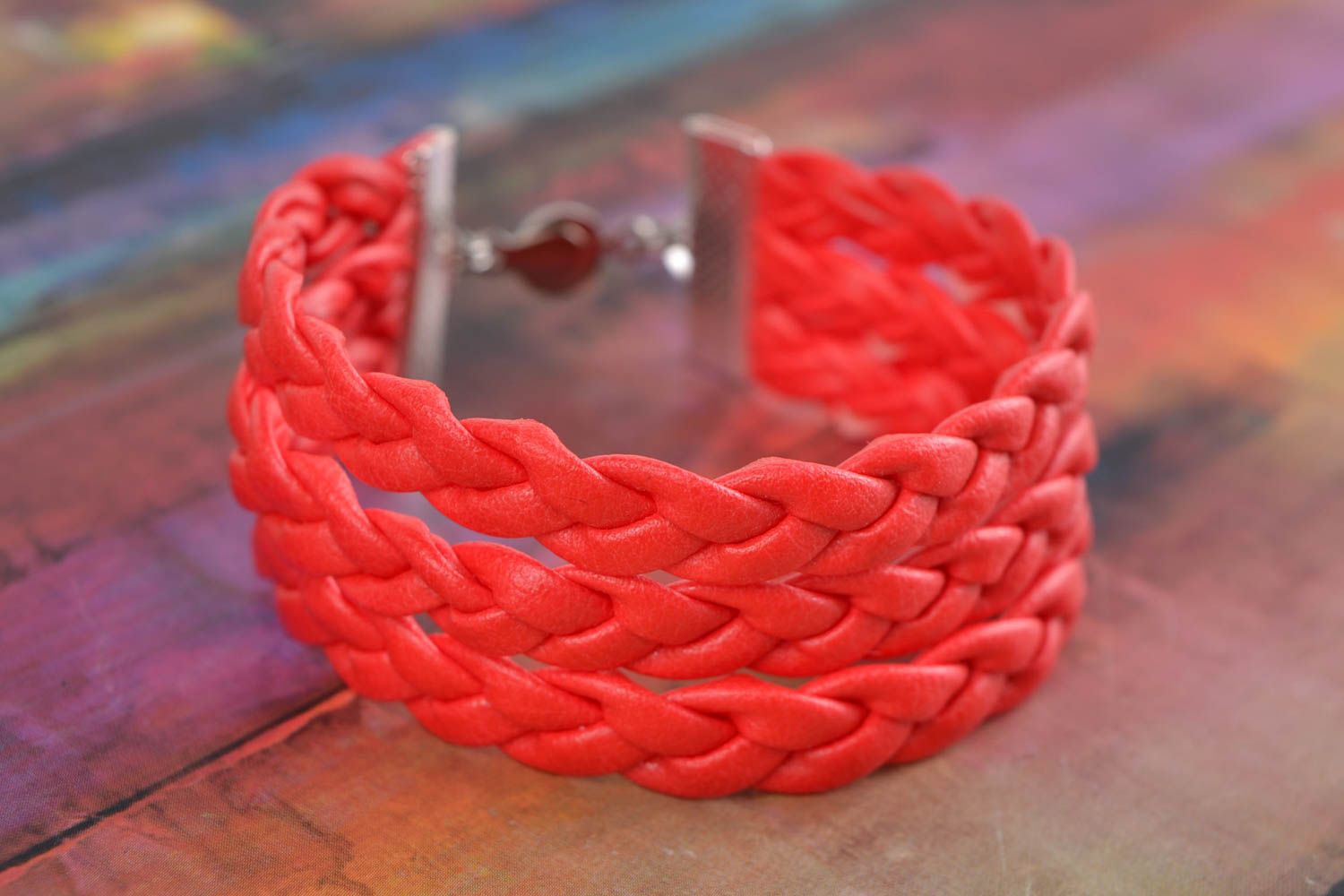 Beautiful handmade wide braided faux leather wrist bracelet of red color photo 1