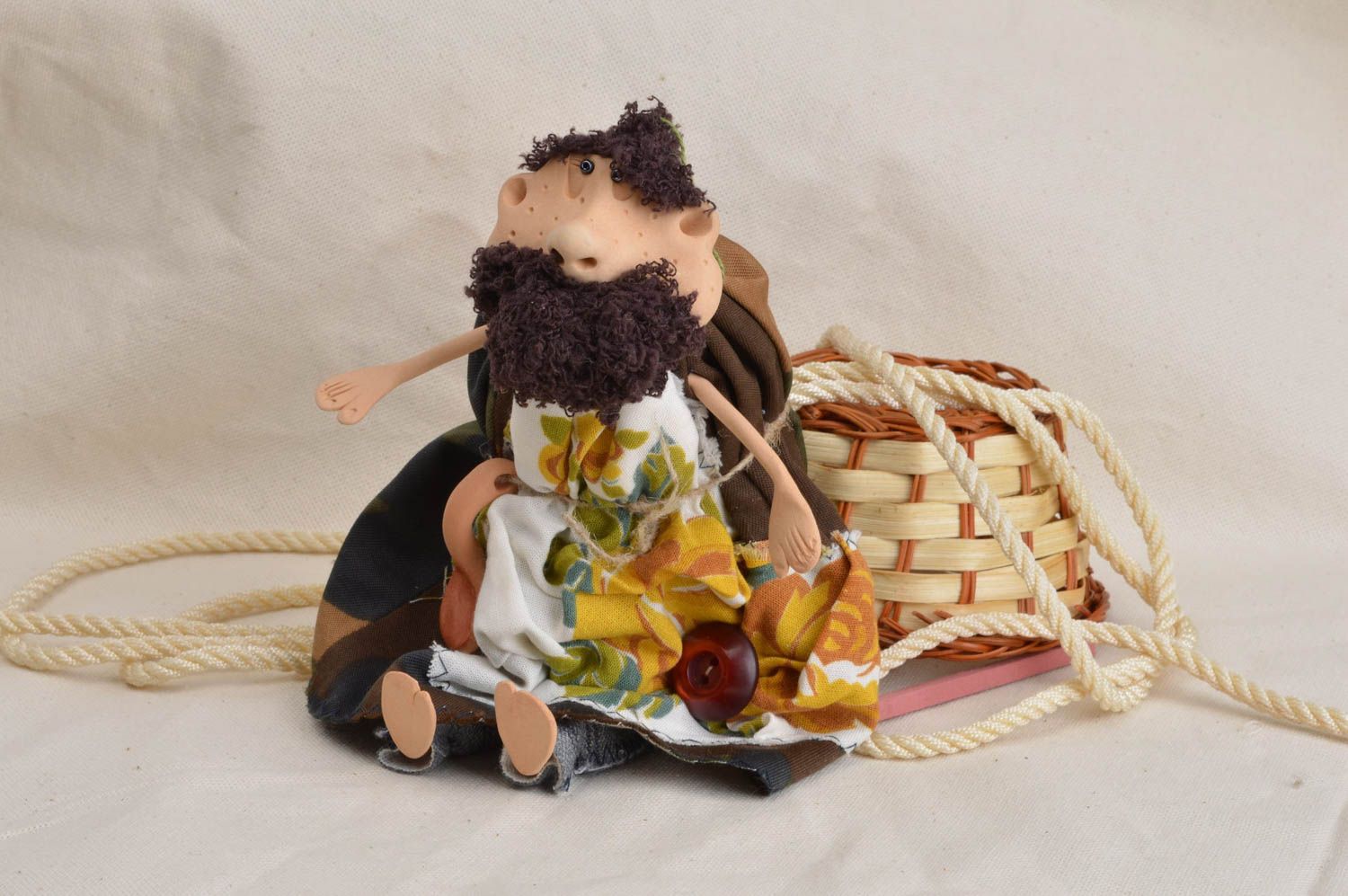 Handmade stylish unusual designer toy for decor made of clay and fabric photo 1