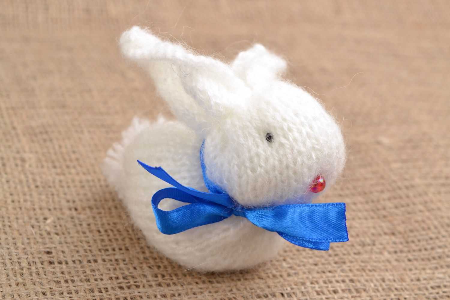 Handmade small soft toy Easter rabbit knit of angora wool with blue bow photo 1