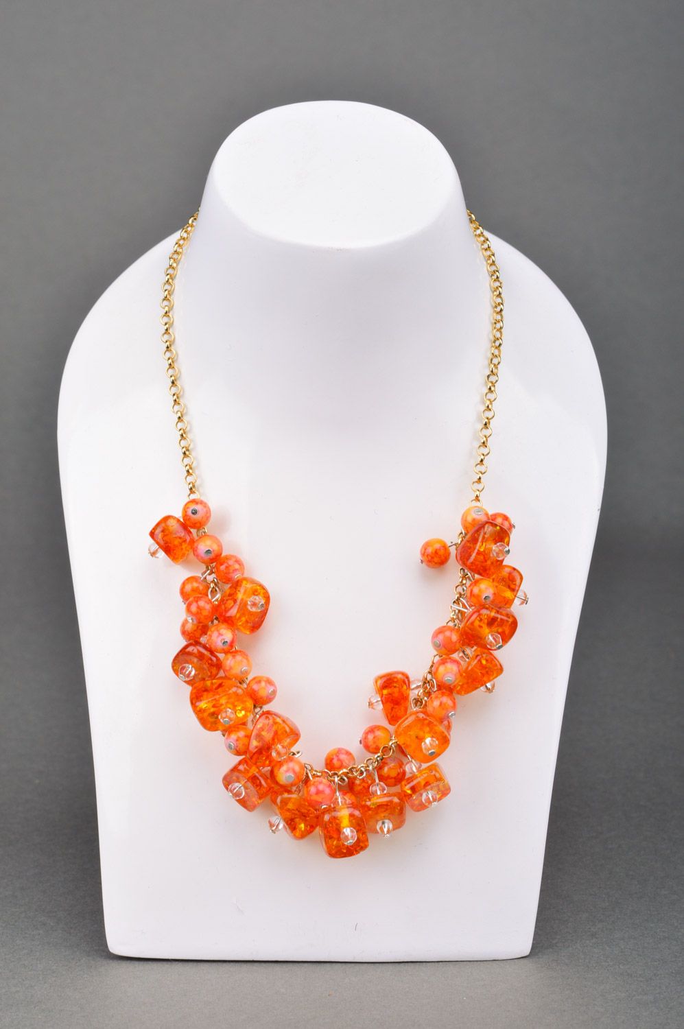 Handmade orange ceramic and citrine bead necklace with long chain photo 1