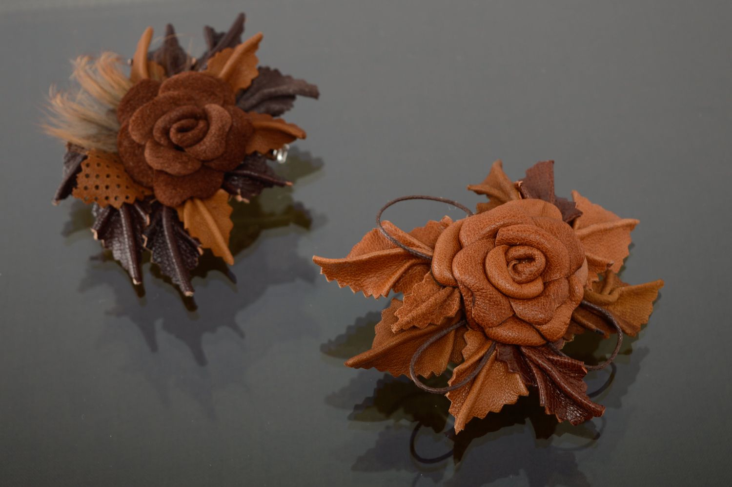 Leather floral brooch-hair clip of ginger color photo 5