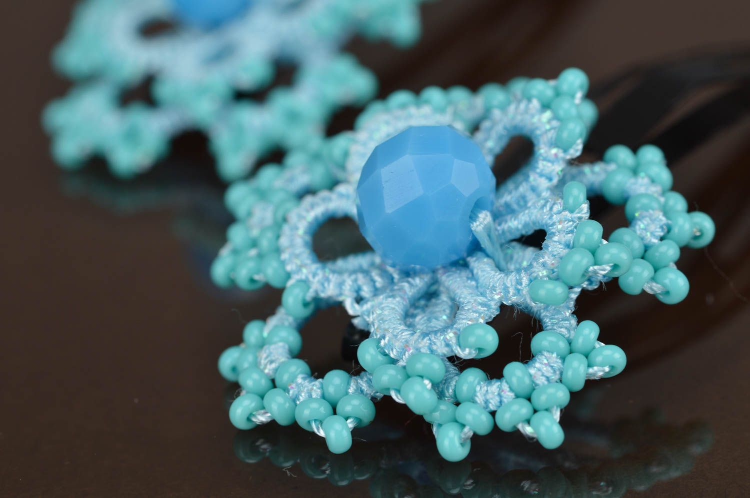 Handmade Textil Glasperlen Haarspangen in Blau 2 Stück Occhi Technik schön foto 4