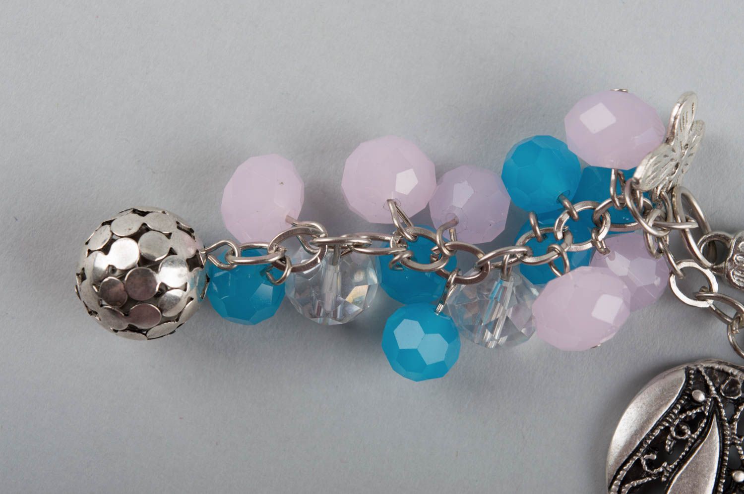 Beautiful handmade metal keychain with glass beads and heart shaped charm photo 4