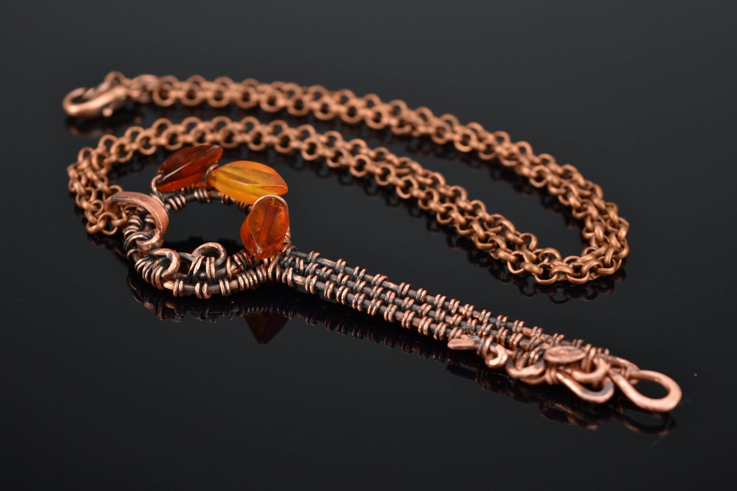 Wire wrap copper pendant with natural stone Amber Key photo 1