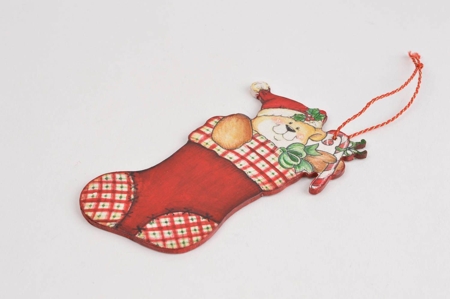 Игрушка на елку хэнд мэйд декор для дома украшение на Рождество Мишка в носке фото 3