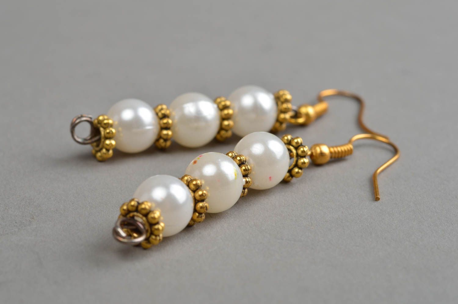 White beaded earrings unusual handmade accessories stylish female jewelry photo 3