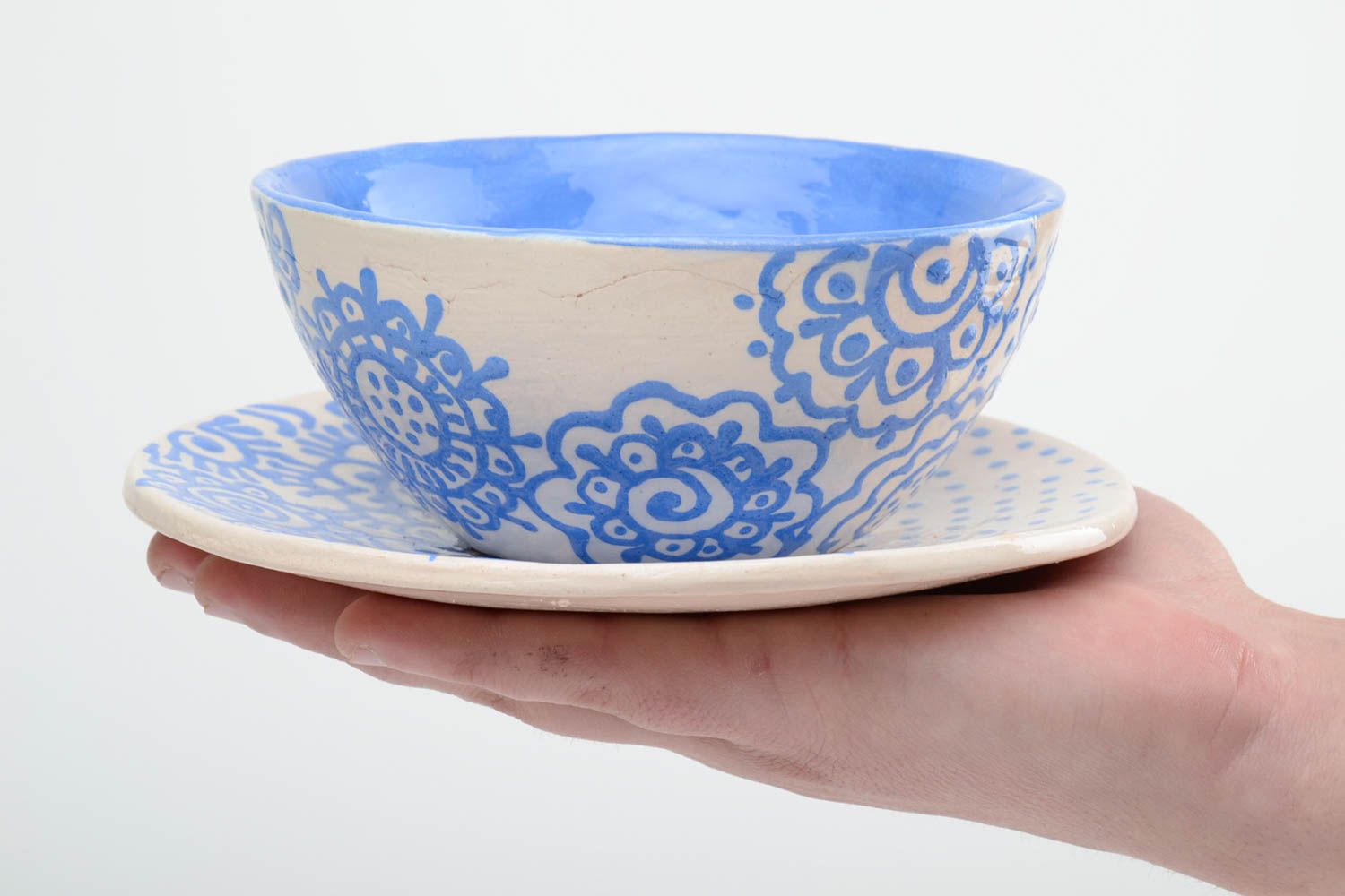 Schöne Ton Suppen Schüssel mit Unterteller blau mit weißen Mustern handmade foto 5