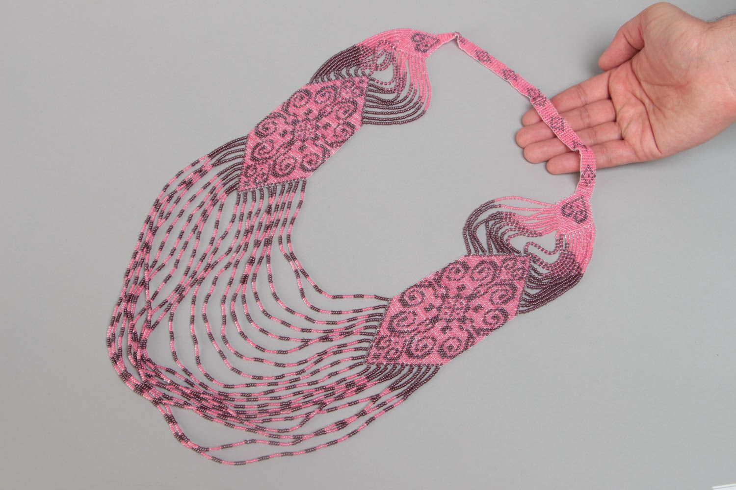 Unusual gray and pink handmade designer beaded gerdan necklace photo 5