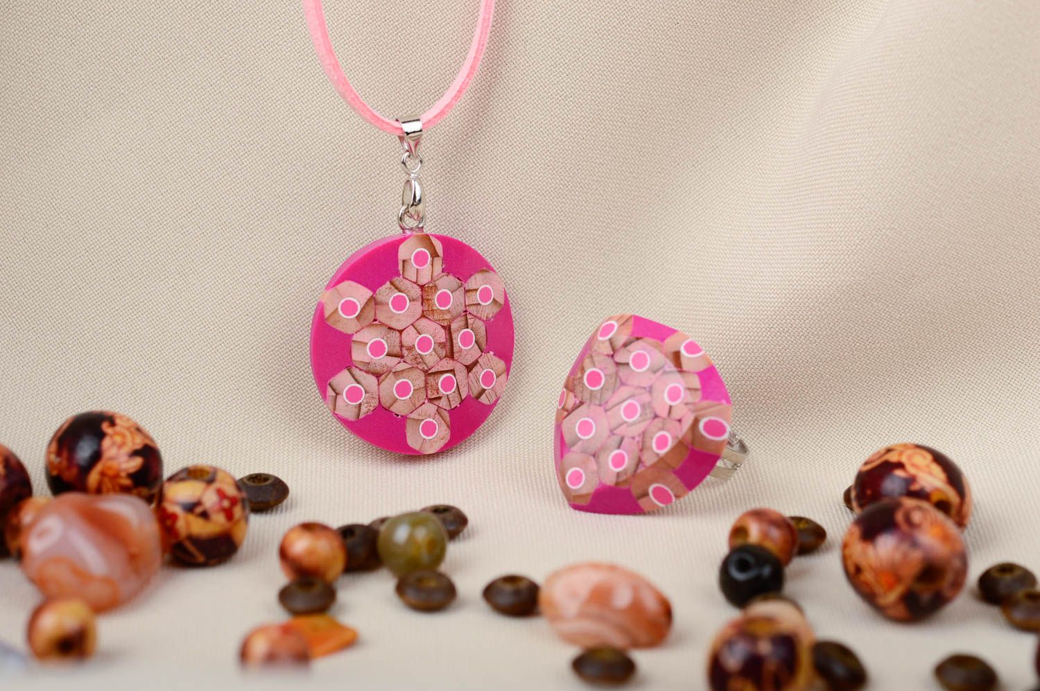 Pink jewelry set handmade bright accessories feminine elite accessories photo 1