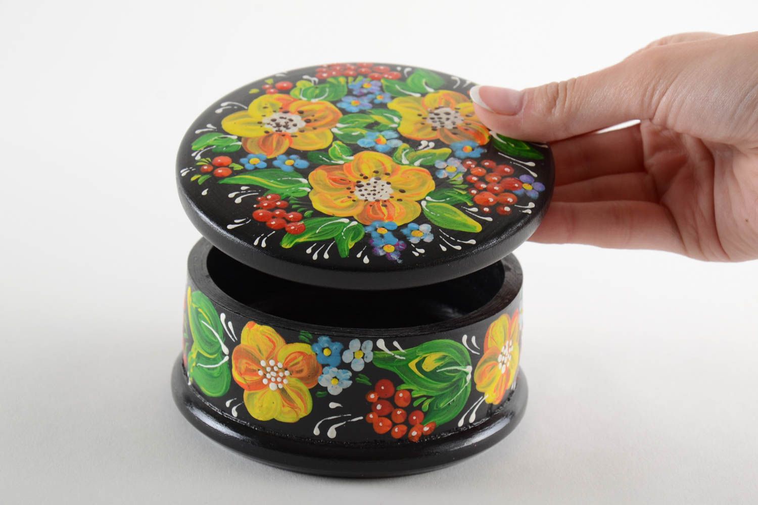 Beautiful handmade painted round wooden jewelry box unusual design photo 5
