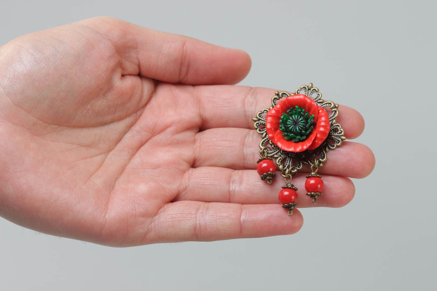 Handmade polymer clay brooch with metal basis in the shape of red and black poppy photo 5