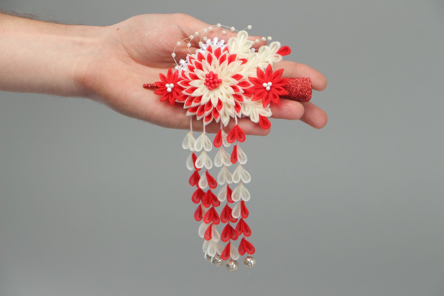 Festive handmade hair clip with kanzashi flower in red and white color palette photo 4