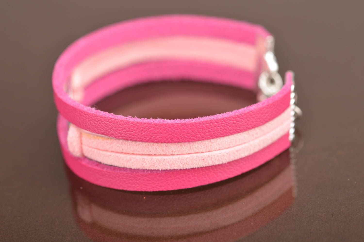 Handmade designer pink wide leather and suede bracelet with infinity sign photo 3