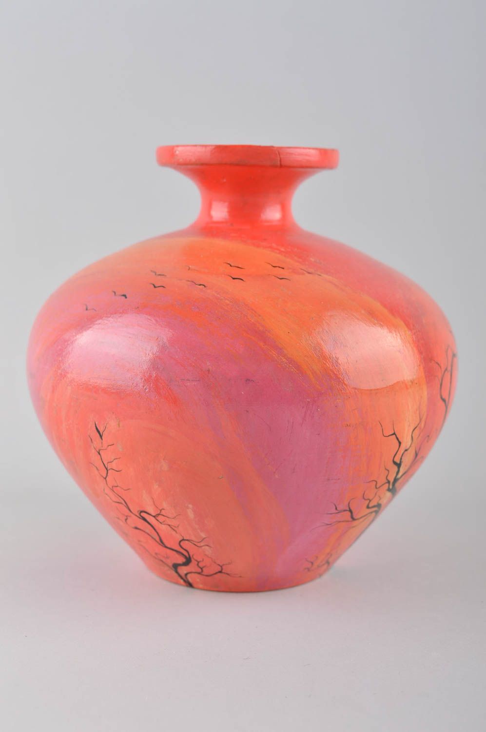 Red flower flat ceramic vase in Japanese style for home décor 7, 1,5 lb photo 3