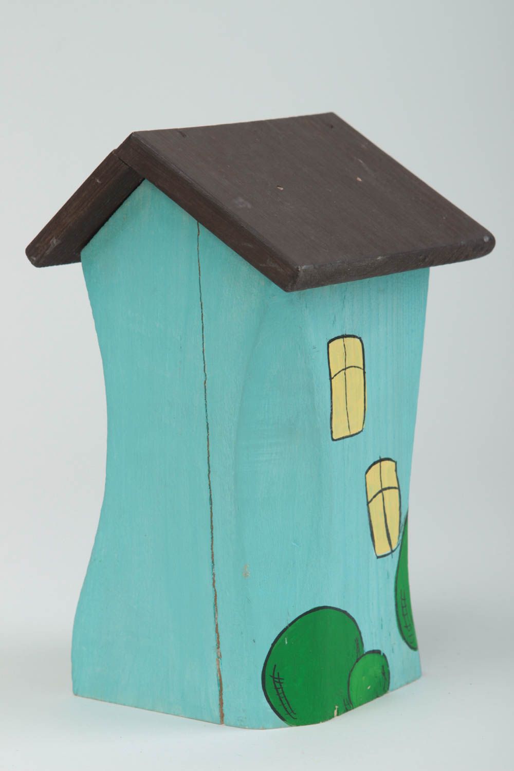 Фигурка из дерева для декора домик ручной работы из сосны бирюзовый эко фото 3