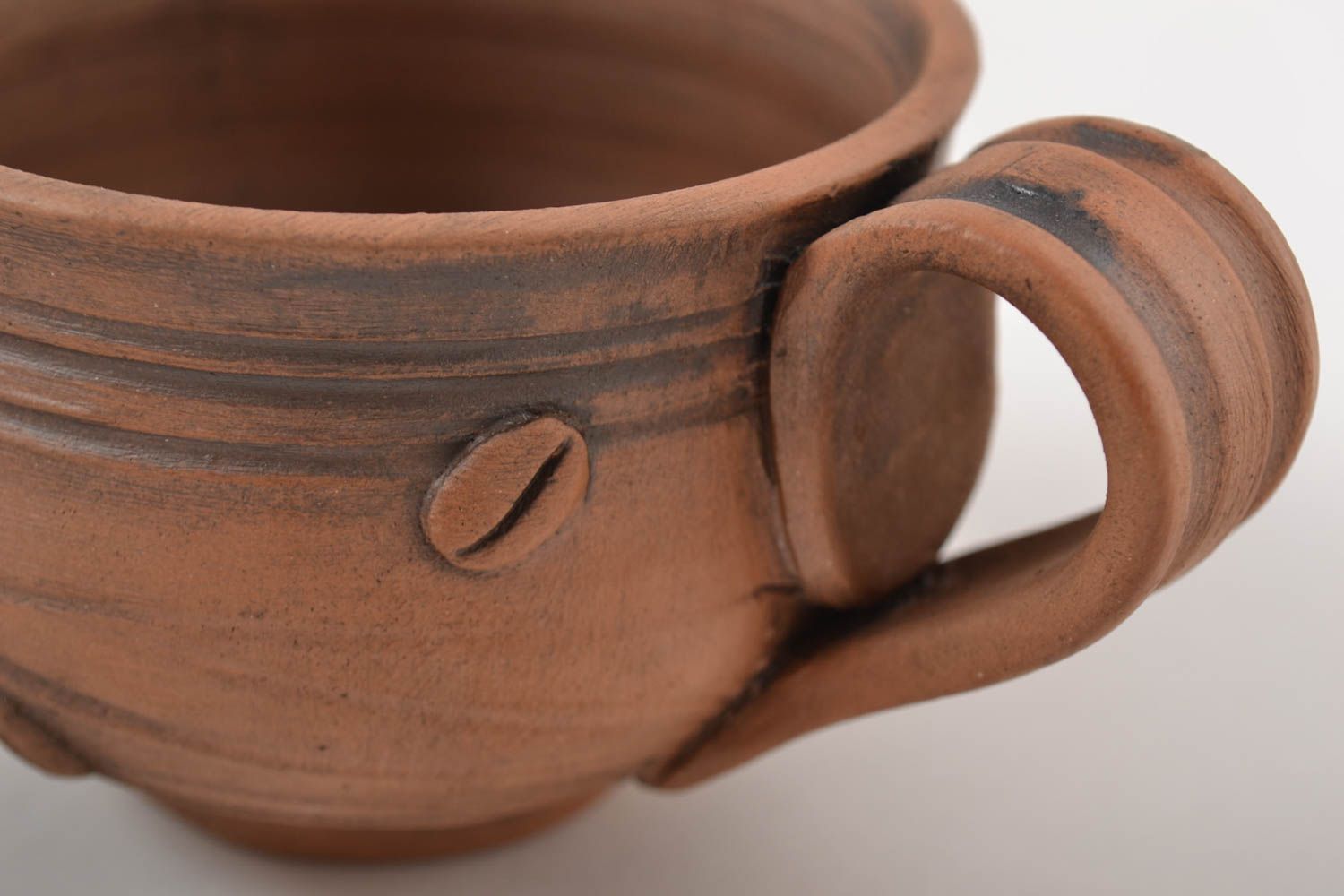 Set of 3 three coffee clay cups in a different style with handles and coffee beans décor 3,5 oz and 1 lb  photo 5
