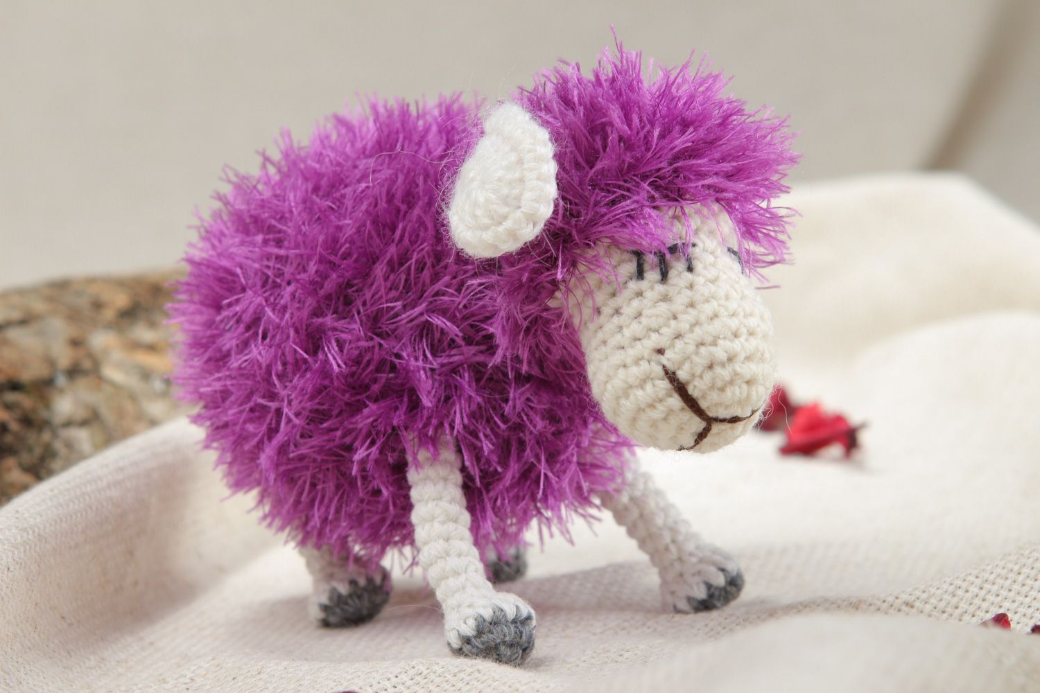 Handmade cute soft toy violet fluffy lamb crocheted of woolen threads photo 5