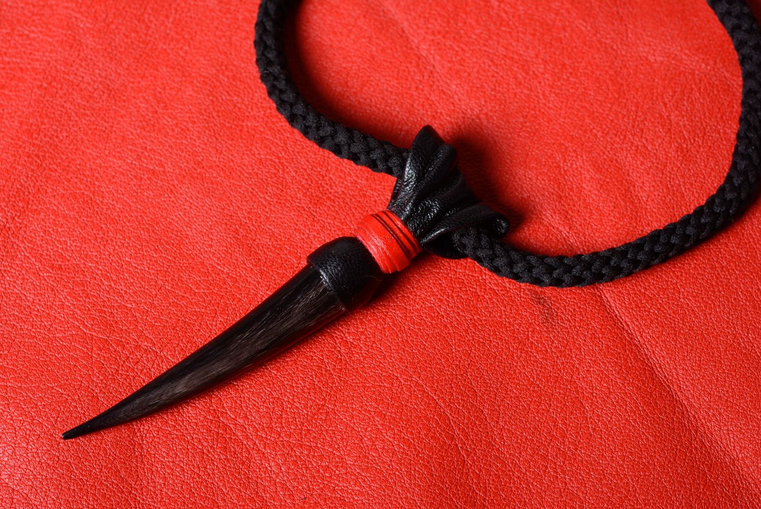 Handmade genuine leather and cow horn pendant of black color on cord  photo 3