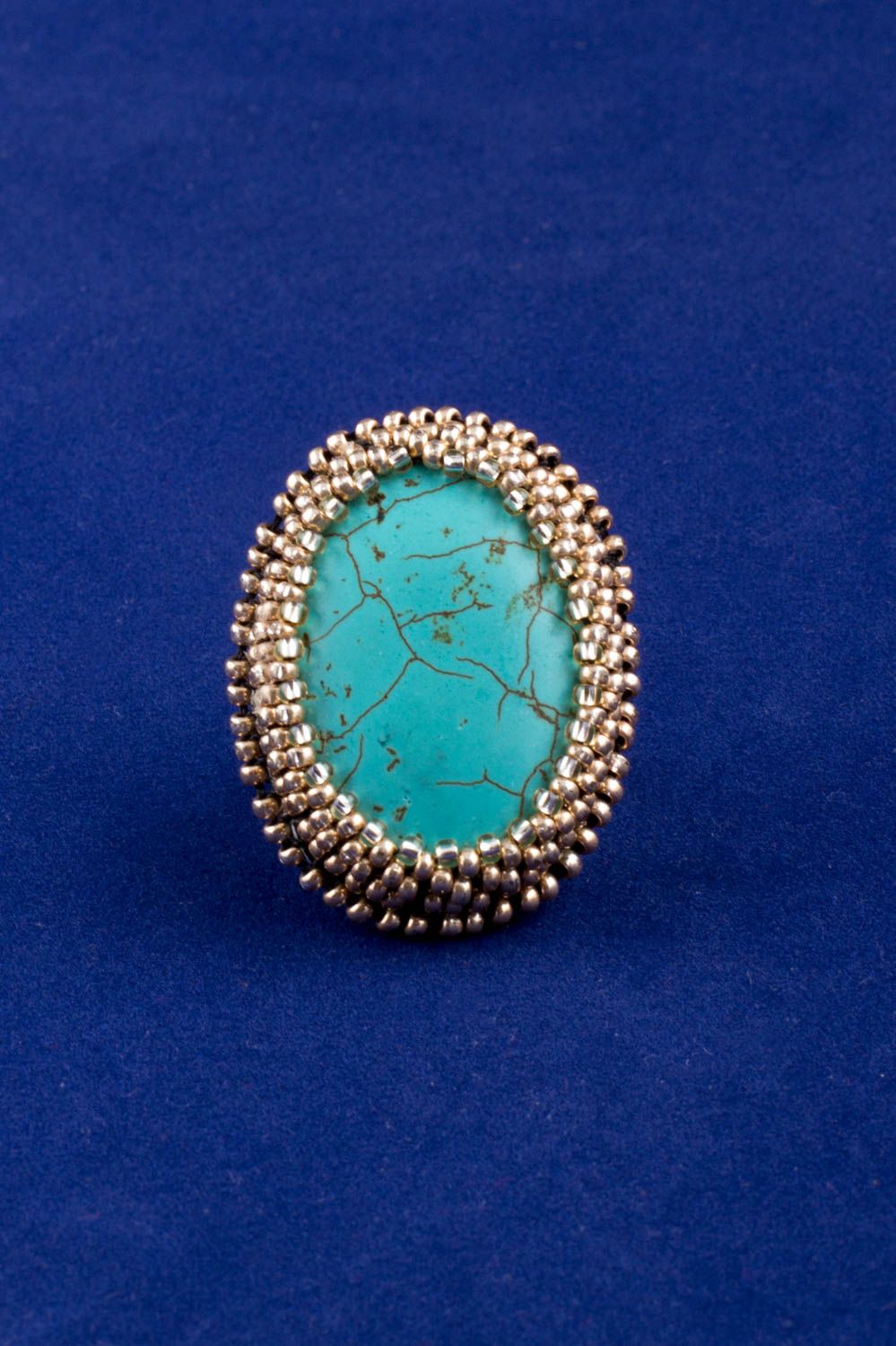 Handmade round jewelry ring with turquoise and Czech beads on leather basis photo 3