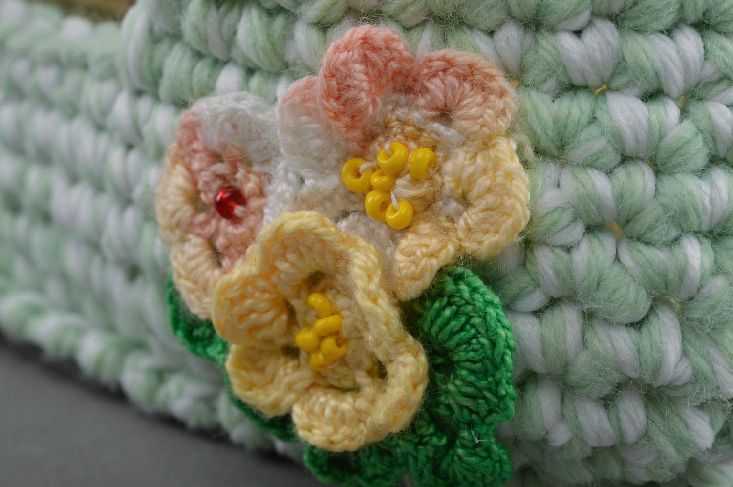 Unusual beautiful green handmade textile basket crochet of acrylic threads photo 2
