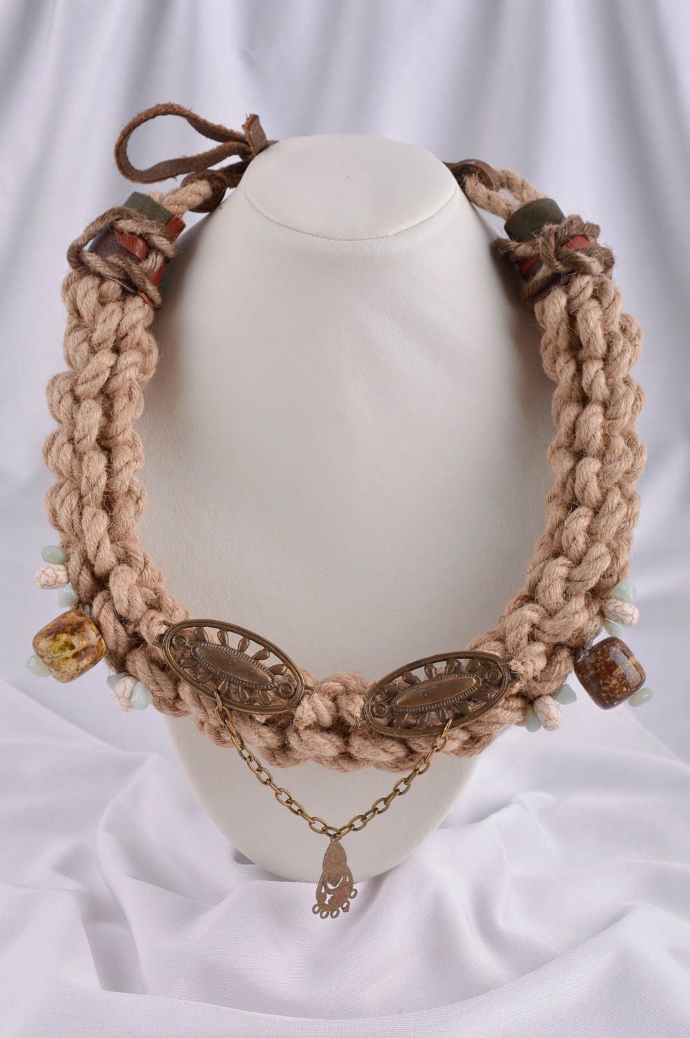 Woven necklace with natural stones handmade cord necklace designer accessories photo 1
