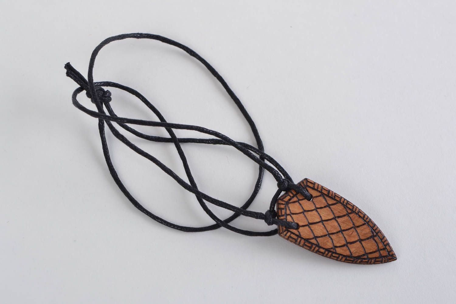 Handmade designer wooden pendant necklace with ornament in ethnic style on cord photo 5